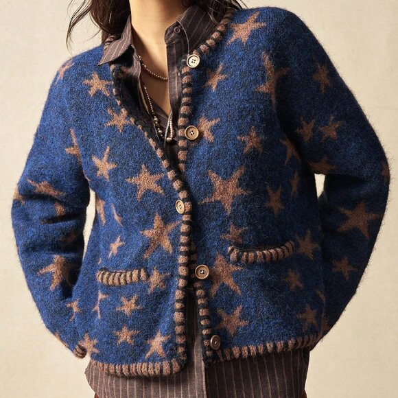 Blue Boho Style Women's Star Jacquard Knit Cardigan - Picture 1 of 8